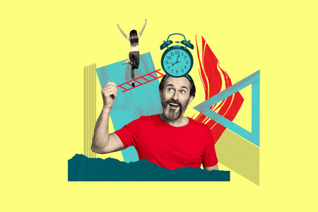 Pinup pop retro artwork collage of excited businessman help girl reach ambitious opportunity work target in timeの写真素材