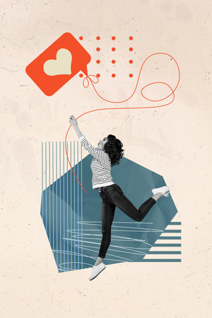 Vertical creative collage poster young cheerful happy girl excited blogger online user social media popularity like feedbackの写真素材