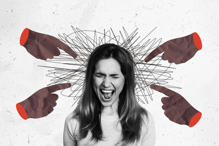 Photo collage picture young screaming girl suffer harassment bullying human hands pointing shaming negative treatment tyrantの写真素材