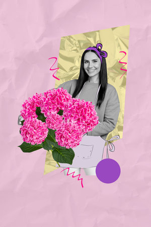 Photo vertical collage young charming woman hold natural fresh flower bouquet pink blossom natural...