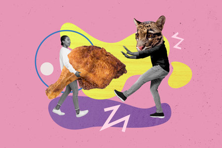 Pinup pop collage retro advert of girl with fried turkey thigh feed pet cat with dangerous product dieting calories fast food conceptの写真素材