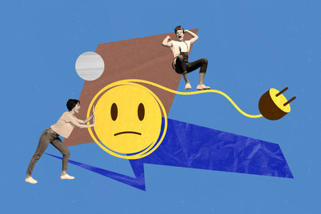 Pinup pop collage of girl pull sad face for recharge energy psychological rehabilitationの写真素材