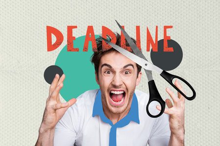Horizontal photo collage of angry overworked tired man shaking hands screaming in rage because of deadline on job study scissors cut wordの写真素材
