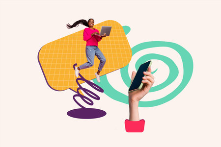 Horizontal creative photo collage of ambitious cheerful girl jump high hold laptop study online use smartphone on abstract backgroundの写真素材