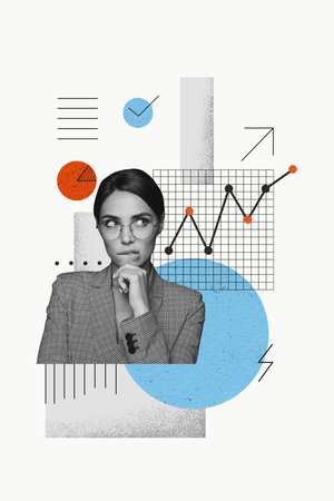 Collage picture of young business woman planning her financial strategy for next year invest money in future isolated on white backgroundの写真素材