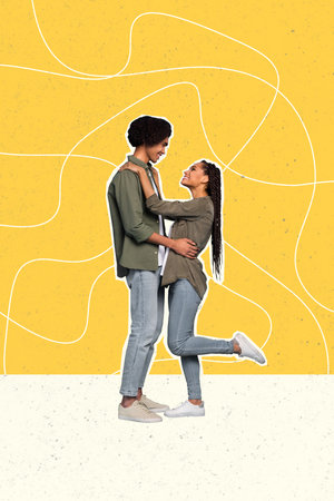 Vertical creative photo collage of two embracing partners woman man couple look into eyes cuddle celebrate holiday togetherの写真素材