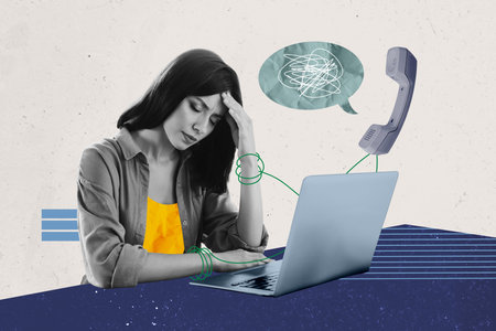 Creative collage picture illustration monochrome effect upset sadness depressed young woman headache...
