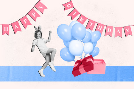 Vertical collage creative poster black white effect smile cheerful beautiful little girl dance happy birthday party exclusive bannerの写真素材