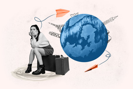 Horizontal creative collage image of sad bored young girl sitting on luggage dream about travel wait at airport planet landmarks abroadの写真素材