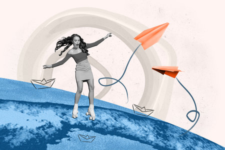 Collage creative poster black white filter excited funny young woman try ride rollers paper ship airplane tourist travel exclusive templateの写真素材