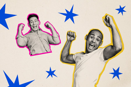 Collage image of two black white effect overjoyed satisfied guys raise fists luck accomplishment...