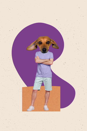 Vertical collage creative poster caricature headless serious dog man funny stand mask cross hands abstract template white backgroundの写真素材
