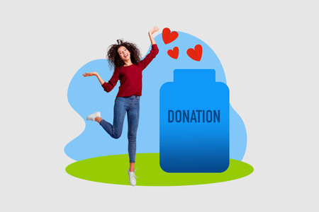 Creative collage photo collage young cheerful happy girl donate glass jar humanitarian help promotion graceful charity activityの写真素材