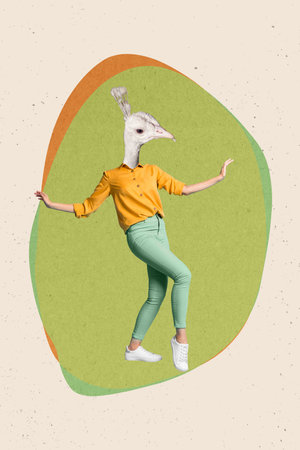 Vertical creative collage image beautiful elegant tender peacock mask costume incognito dance unusual green white backgroundの写真素材