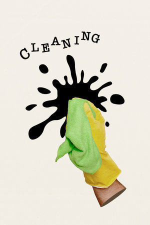 Vertical composite photo collage of hand in rubber glove hold rag scrubbing clean black paint stain...
