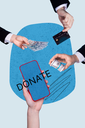 Vertical collage image illustration image caricature human hands hold donate mobile help money cash doodle sketch blue backgroundの写真素材