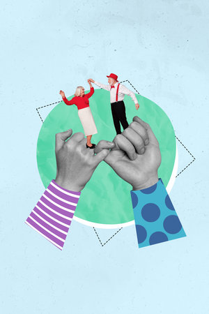 Artwork magazine collage picture of carefree senior couple dancing arms fingers crossed isolated...