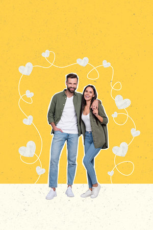 Vertical photo collage of smiling cuddling happy couple boyfriend girlfriend stand together heart love romance on yellow backgroundの写真素材