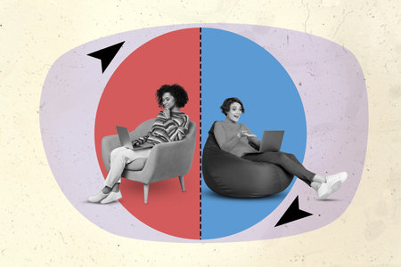 Horizontal contemporary photo collage of two women communicating online with laptops discussing...