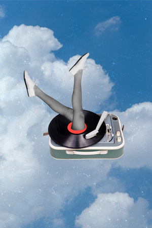 Vertical collage creative poster illustration caricature human legs levitation retro plate draw sketch exclusive blue sky cloud backgroundの写真素材