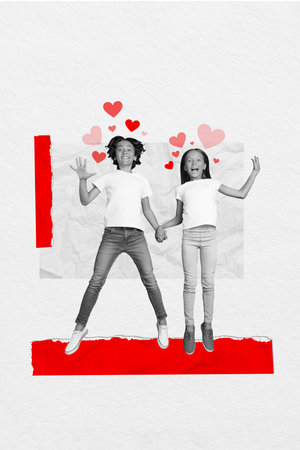 Vertical collage picture of two cheerful black white colors kids hold arms jump heart symbols...