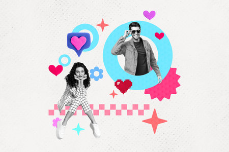 Artwork collage of minded black white colors girl fantasize handsome guy like notification painted...