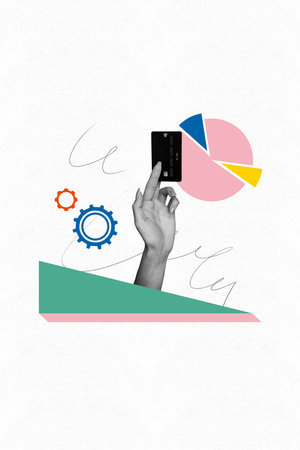 Vertical creative collage image black white effect people arm hold card money cogwheel mechanism...