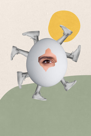 Vertical collage picture of girl eye watch through hole eggshell walking black white colors many legs painted sun isolated on paper backgroundの写真素材