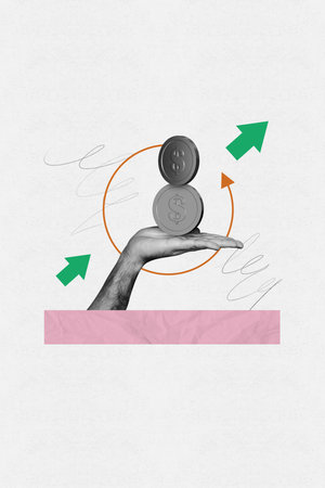 Vertical collage creative illustration black white filter human hand hold money coin repeat growth income up doodle white backgroundの写真素材