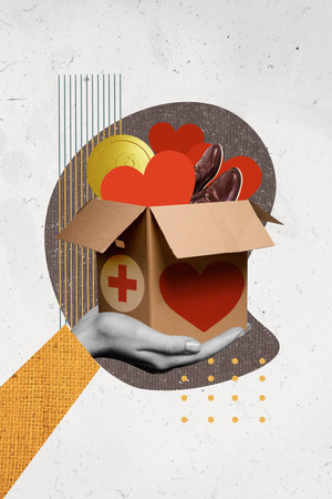 Cartoon comics sketch collage picture of arms collecting humanitarian aid isolated graphical backgroundの写真素材