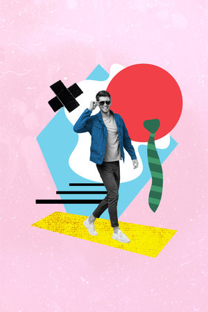 Vertical creative composite collage photo of successful cool handsome guy touching watches go shopping isolated on pink backgroundの写真素材