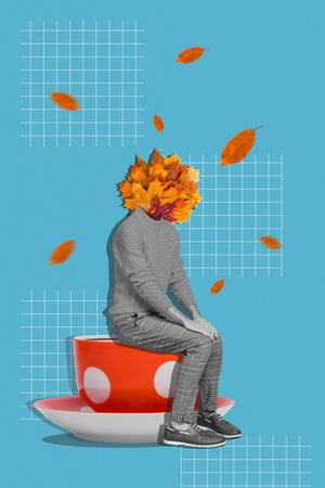 Vertical creative collage banner sitting young man depressed bad mood autumn anxiety falling golden leaves coffee cup drawing backgroundの写真素材