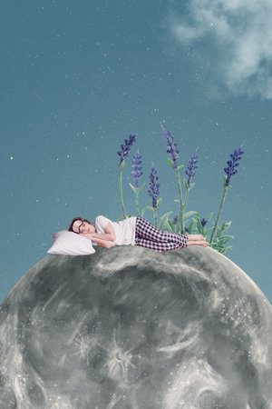 Vertical dreamy photo collage of young woman in pajamas sleeping on moon have rest relaxation serenity calmness lavender on sky backgroundの写真素材