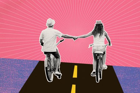Artwork collage image of two idyllic black white effect partners hold arms ride bike road isolated on creative backgroundの写真素材