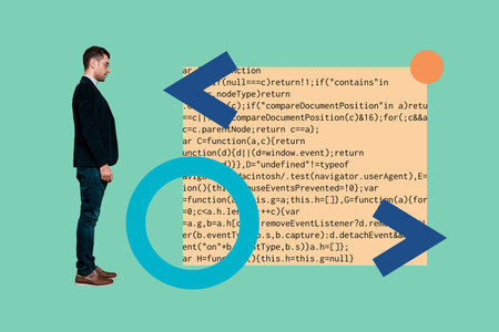 Creative poster collage of worker man manager programmer data science coding app data optimization...
