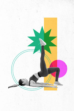 Vertical collage picture illustration monochrome effect activity athlete strong young woman stretched sport exclusive white backgroundの写真素材