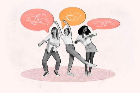Creative collage poster picture three young girls dancing have fun communication conversation speech bubble pop drawing backgroundの写真素材