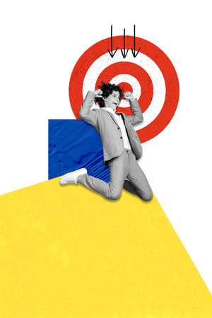 Vertical collage creative poster black white effect excited scream shocked young man stand knees motivation target colorful templateの写真素材