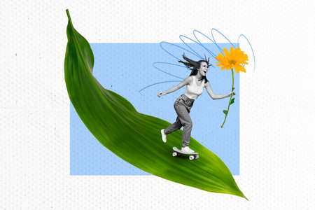 Collage creative poster black white effect charm lovely happy young lady ride skateboard leaf flower...