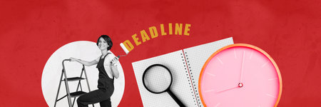 3d retro abstract creative artwork template collage of painter employee clock time netbook billboard comics zine minimal sketch artworkの写真素材