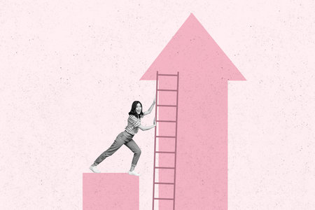 Creative trend collage of funny female hold ladder career arrow point up achievement motivation weird freak bizarre unusual fantasyの写真素材