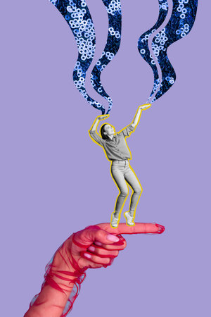 Collage 3d pinup pop retro sketch image of mini lady dancing lady arm isolated violet purple color...