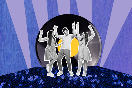 Creative retro 3d magazine collage image of happy smiling company enjoying retro party isolated colorful backgroundの写真素材