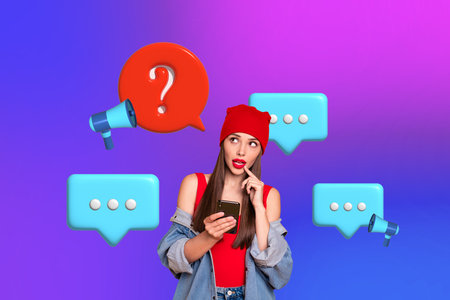 Creative image banner collage of girl gadget user thinking ask question writing to online call centerの写真素材