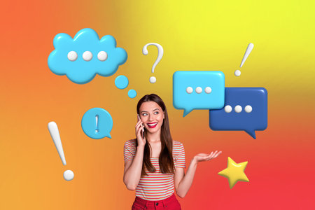 Photo collage artwork picture of dreamy smiling lady talking modern gadget isolated creative...