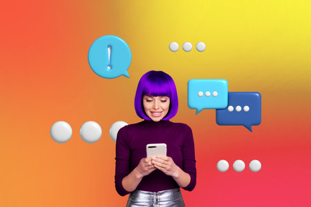 Magazine picture sketch collage image of happy smiling lady on social media on a smartphone isolated...