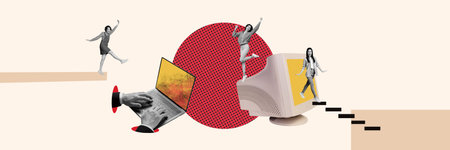 Panoramic photo collage young girls different poses activities walking downstairs winner triumph browsing laptop screen monitorの写真素材