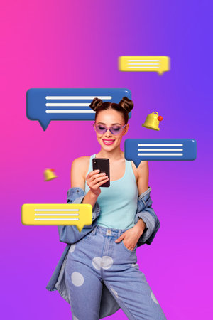Creative image collage of lady influencer using gadget device for typing text on social media keep...