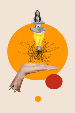 Vertical collage illustration young calm girl sit meditate huge lamp levitating arm palm calmness peace idea eureka logic mind thought planの写真素材