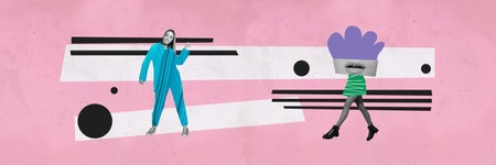 Creative collage picture image panorama monochrome effect happy funny young woman pose discount caricature pink backgroundの写真素材